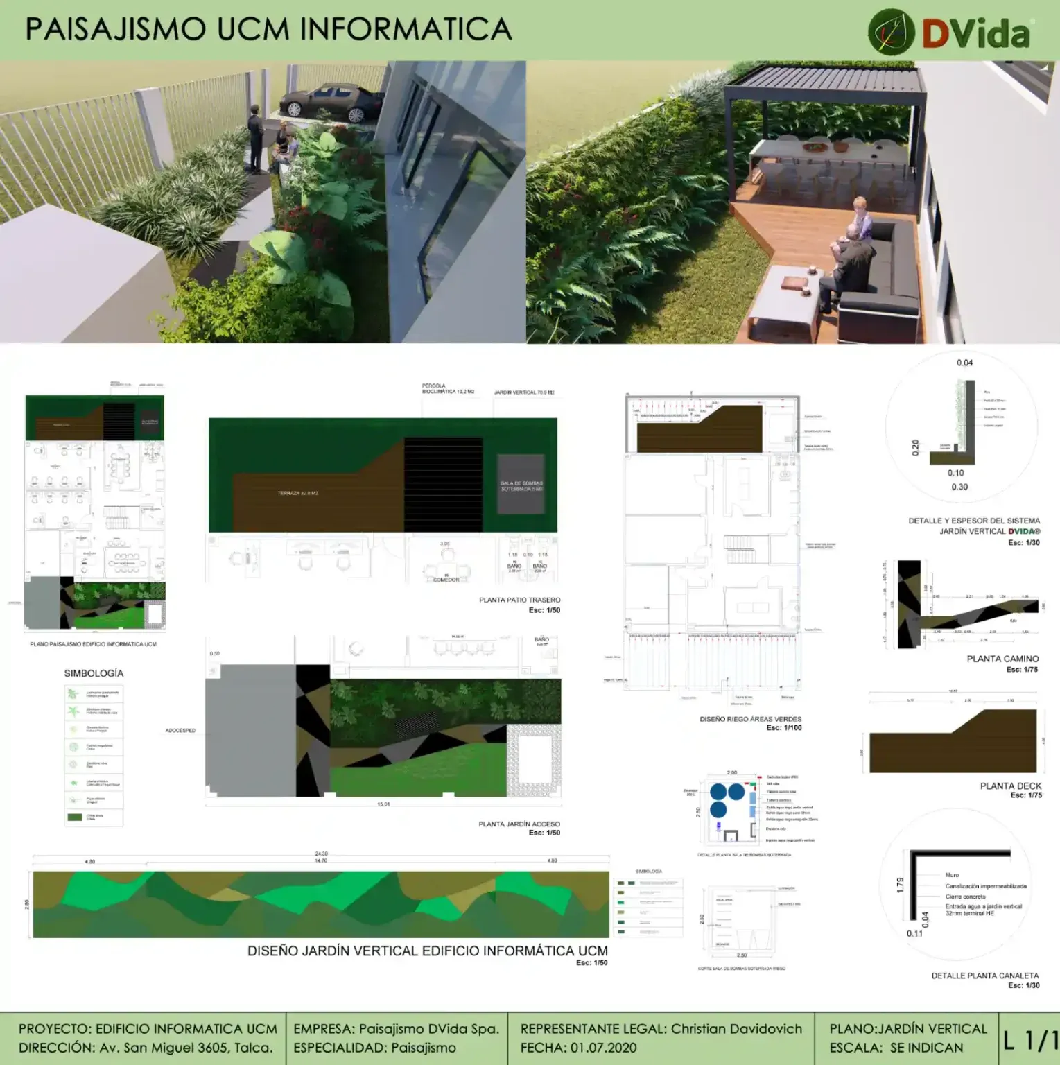 Lámina técnica de paisajismo y jardín vertical para el Edificio de Informática UCM
